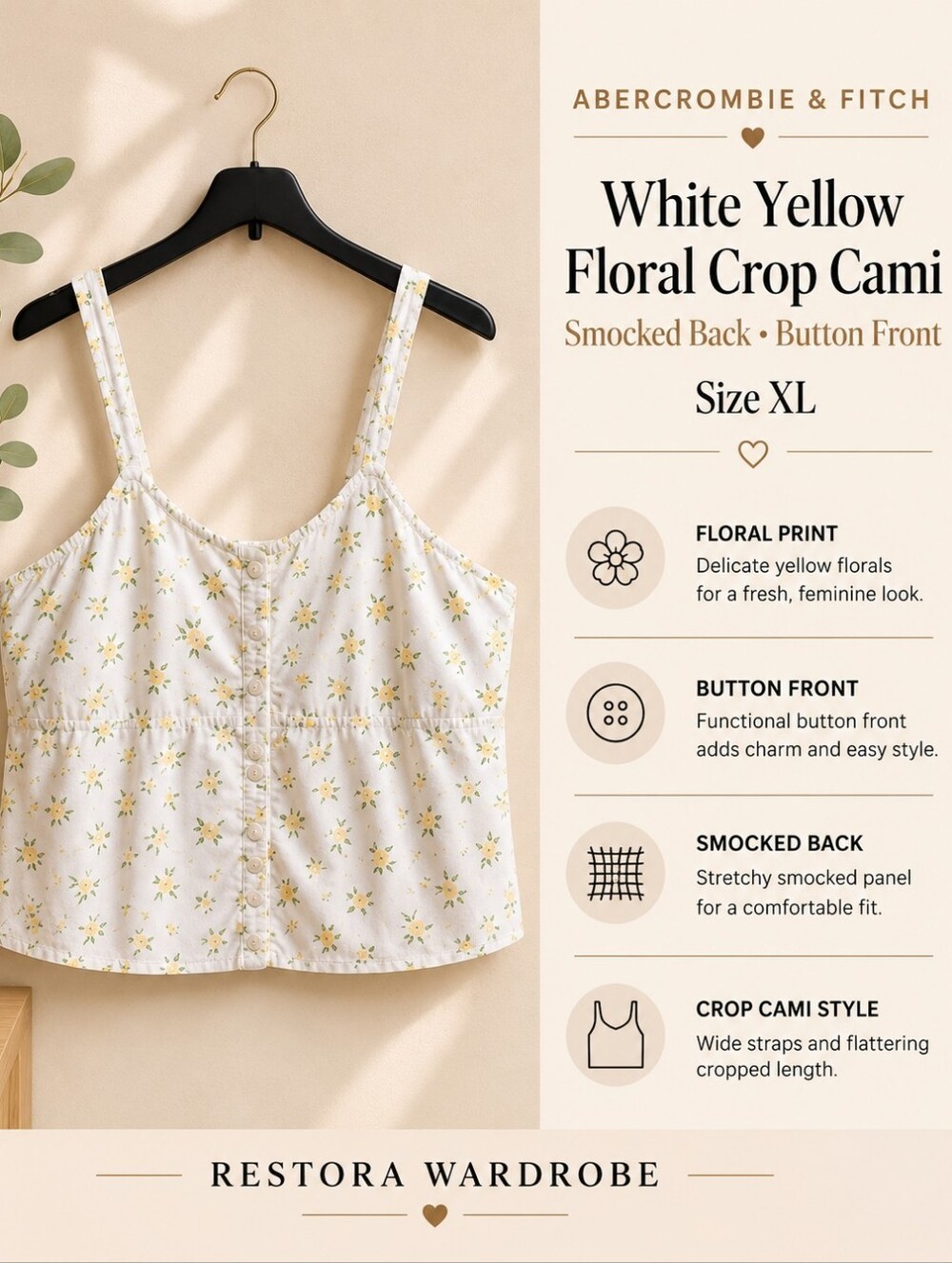 Abercrombie & Fitch White Yellow Floral Crop Cami Cottagecore Smocked XL